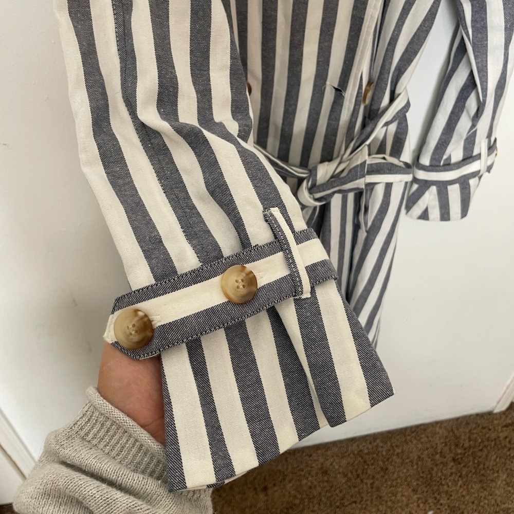 Navy Blue White Striped Double Breasted Trench Coat Jacket Belted Cuffs Large - Picture 8 of 8